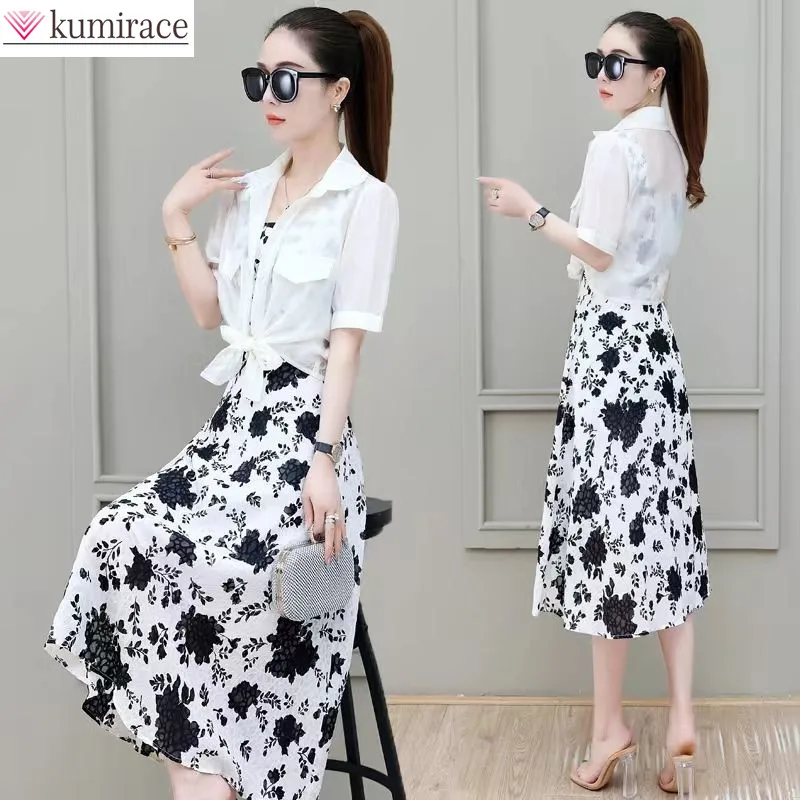 

2022 Summer New Elegant Women's Dress Set Fashionable Sunscreen Chiffon Shirt Top Printed Suspender Dress Two Piece Set