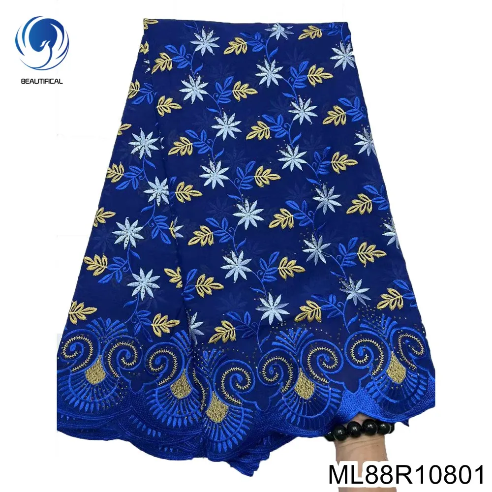 

Aristocratic African Stone with Embroidery Blue Cloth, Swiss Voile Cotton Lace Fabric, for Wedding Party Dress, ML88R108