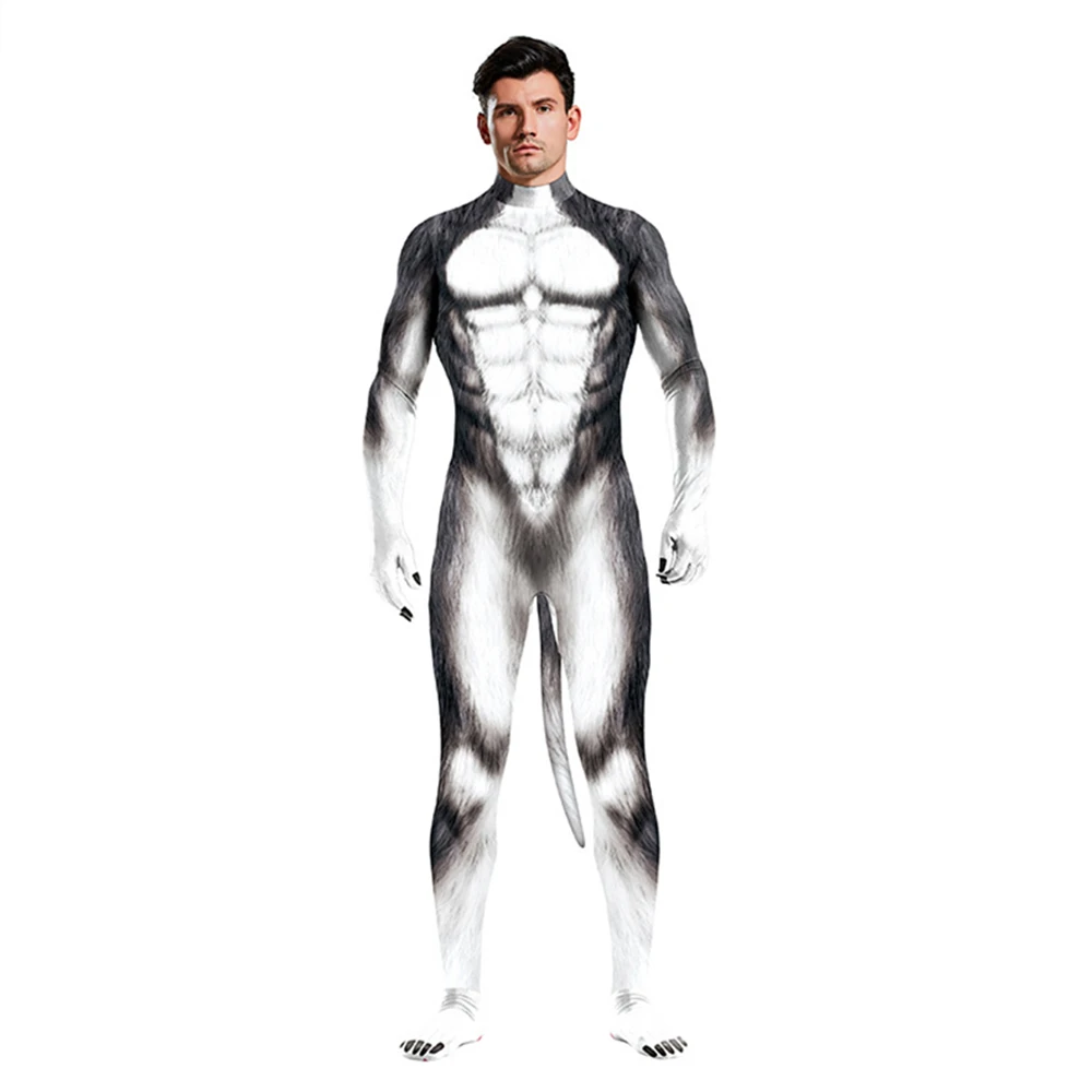 Sexy Huskies Werwolf Wolf Jumpsuit Catsuit Fantasy Cosplay Kostüm Halloween Zentai Herren Damen Unisex Verführerischer Schwanz Bodysuit – Detail 5