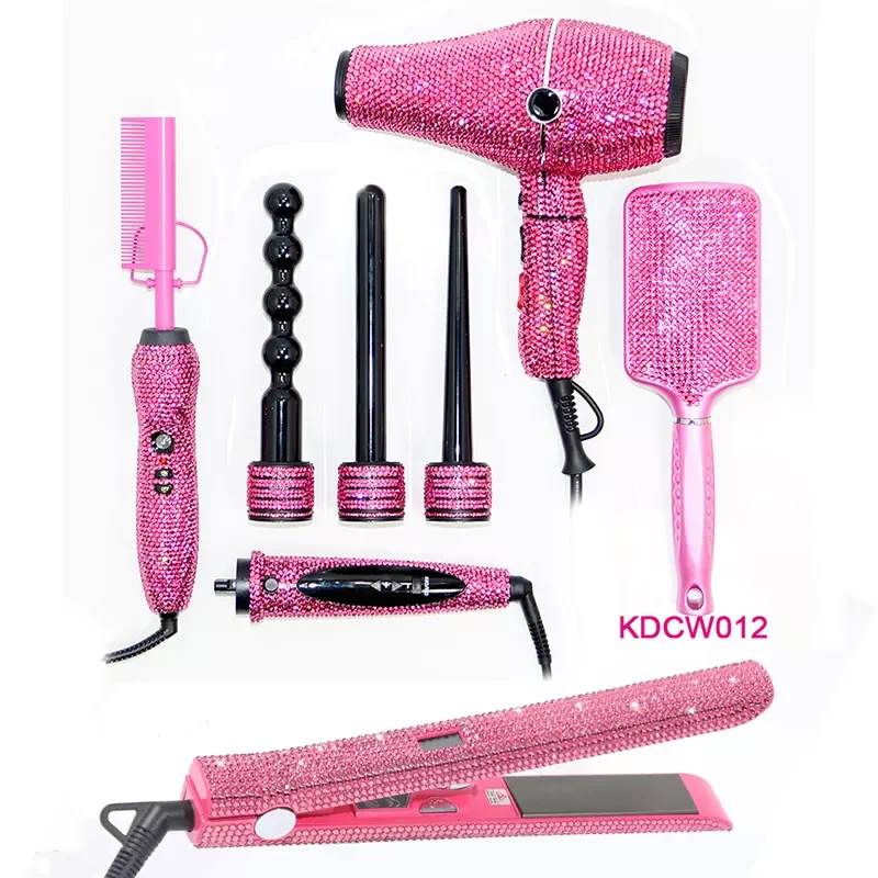 Cristal bling curling ferro glitter cabeleireiro conjunto de chapinha e escova e secadora pente quente e friso e 5 in1 modelador Set