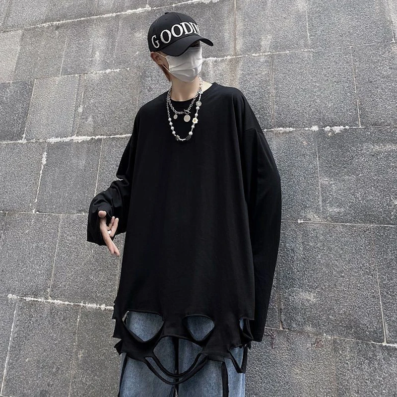 Cotton Hole Summer Thin Men T Shirt Oversized 2xl Long Sleeve O Neck Harajuku Japan Style Hip Pop Streetwear Unisex Clothes Top