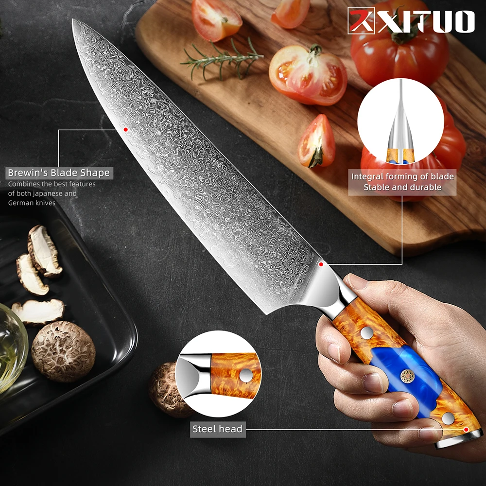 Ultra Sharp Damascus Kitchen Knives Japanese VG10 Steel Core  Chef Cooking Knife Blue Resin Stabilized Wood Handle Fruit Knives