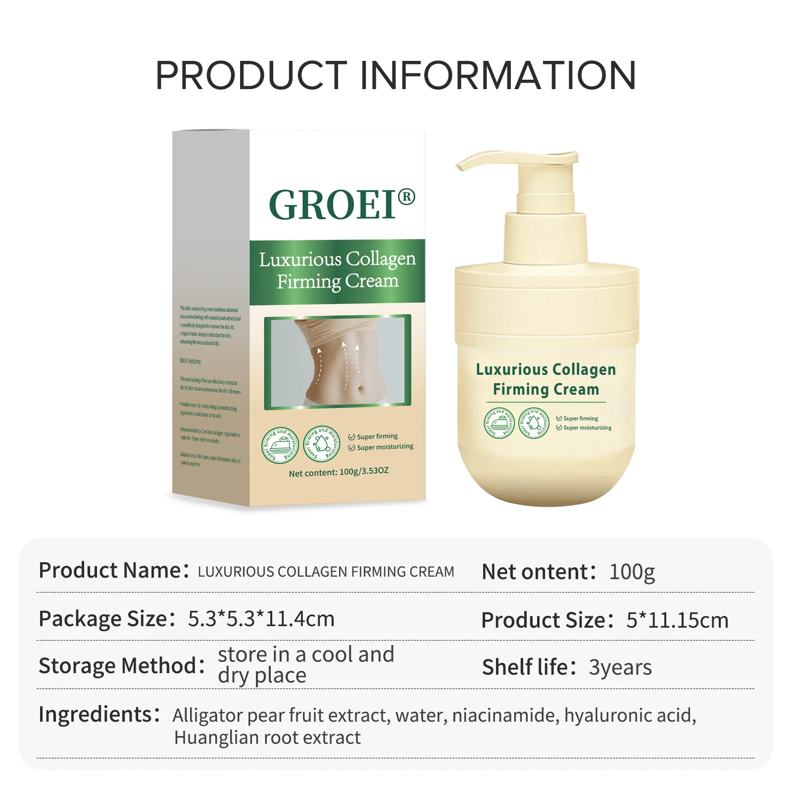 Crema reafirmante de colágeno GROEI 100g Crema facial y corporal súper hidratante y antienvejecimiento para elasticidad y hidratación de la piel Loción corporal
