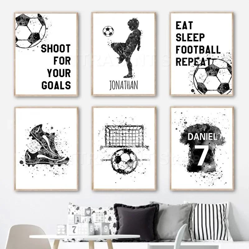 (2D canvas painting)  Watercolor Soccer Jersey Custom Name Kids Football Shoes Posters And Prints Wall Art Canvas Painting Pi