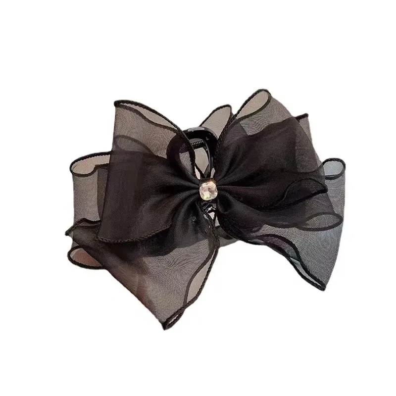 Korean Women Black Bow Grip Clip Elegant Fabric Ponytail Braid Claw Clip Retro Rhinestone Shark Clip Female Hair Accessories