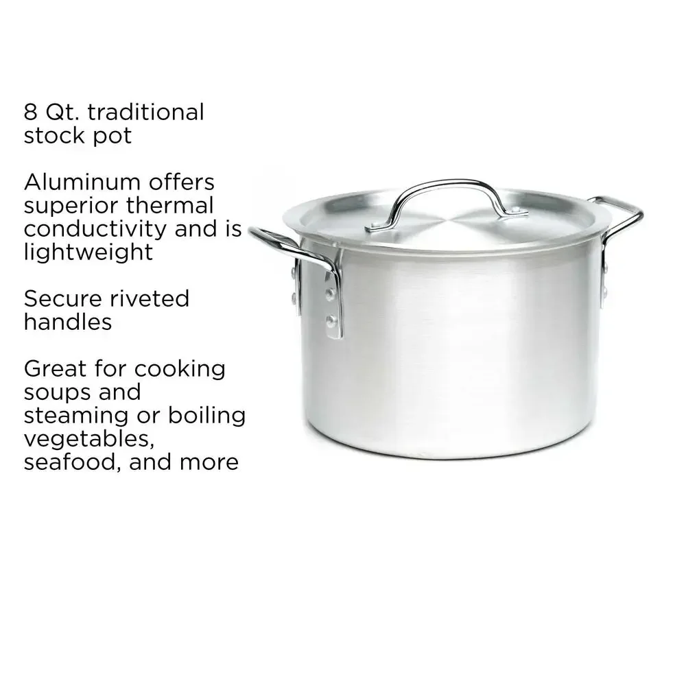 Ecolution 8 Quart Aluminum Stockpot with Lid Durable Secure Handle Soups Steaming Boiling Large Size Crowd Feeding Meal Prep