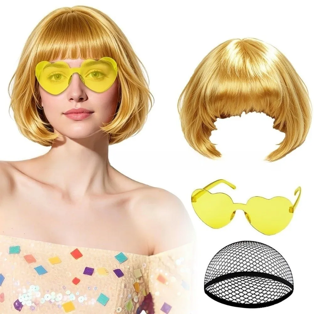 3Pcs Colorful Short Bob Hair Wig Halloween Party Cosplay Wig Set with Hairnet and Glasses Christmas Role-playing Short Hair Wig