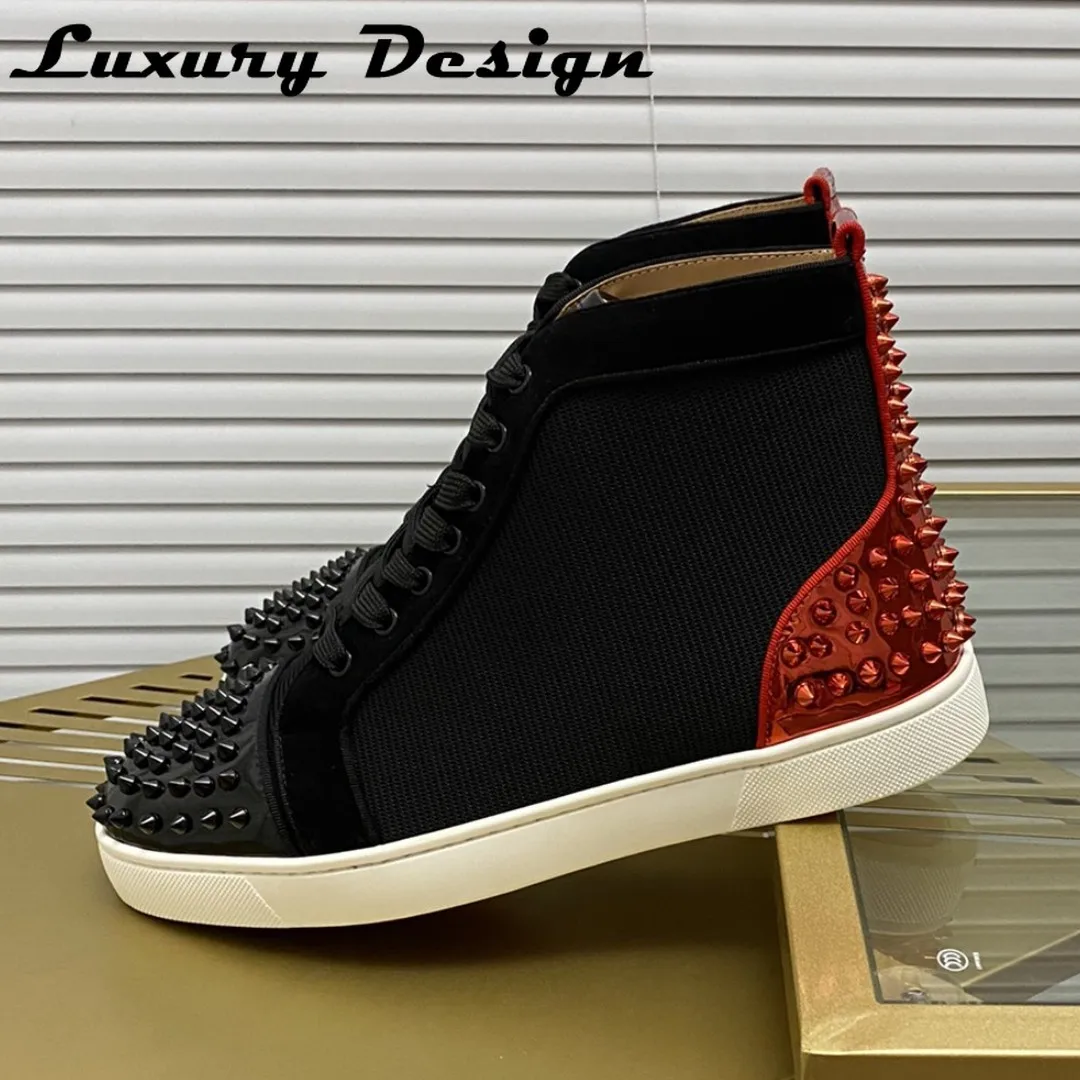 Luxury Brand Spikes Casual Shoes Rivets Men Sneakers Real Leather High Quality Red Bottom Shoes for Women High Top Flat Sneakers