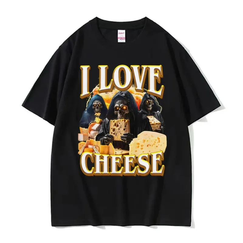 

Футболки I Love Cheese Meme, футболки с готическим рисунком, мужские и женские летние хлопковые футболки с круглым вырезом, уличная забавная винтажная футболка со скелетом