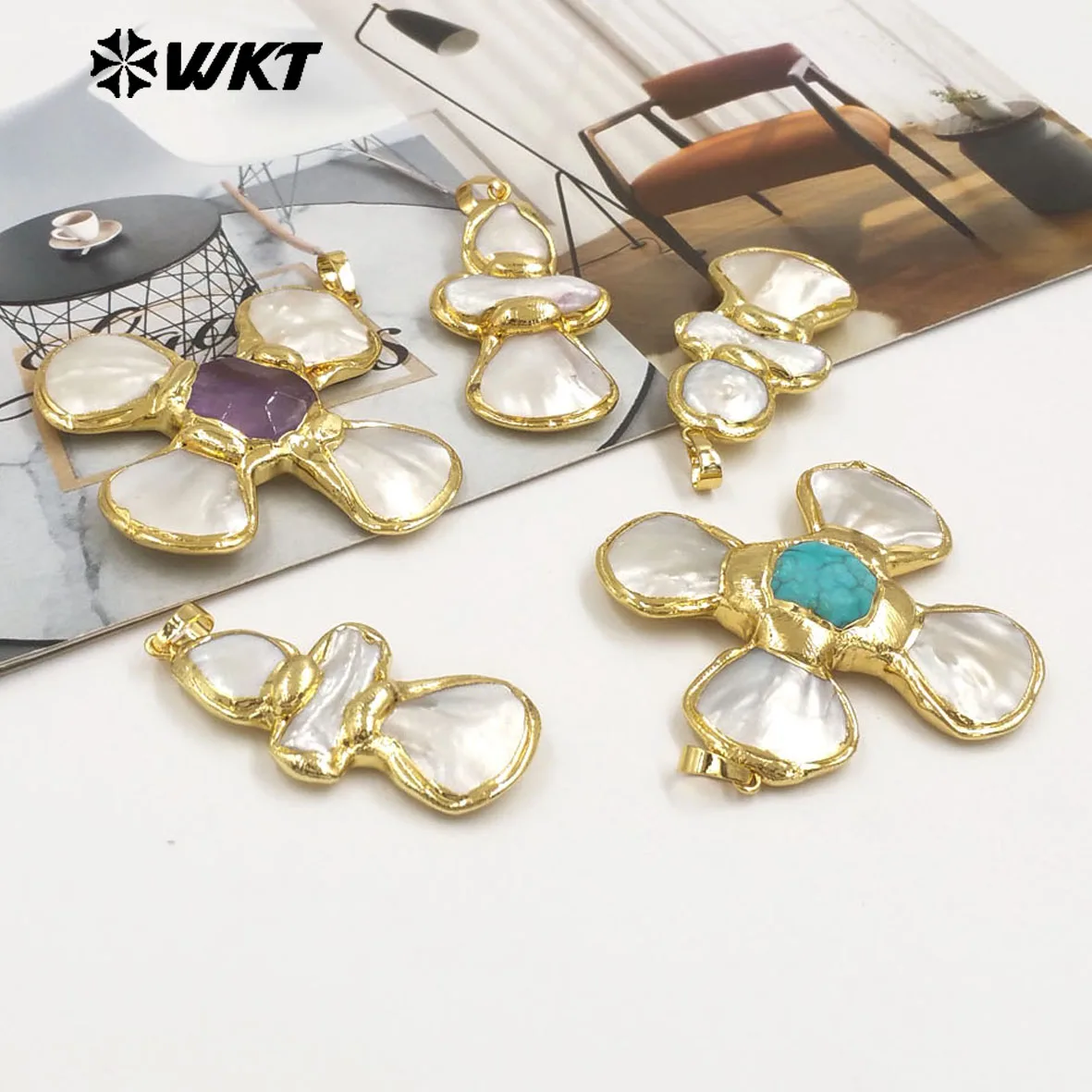 

WT-JP425 Аметист и бирюзовый камень с белой ракушкой в форме креста, кулон, аксессуар для изготовления ожерелья и поделок