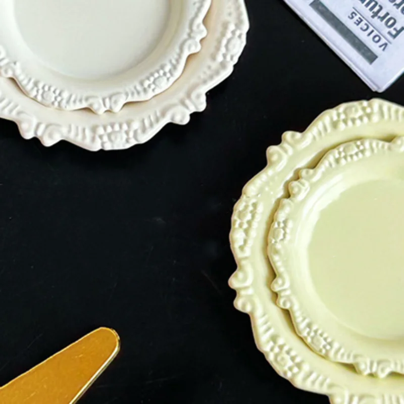 3개 세트 소녀 장난감 미니어처 인형집 페이스트리 플레이트 미니 레트로 조각 트레이 디스크 놀이 주방 음식 인형 액세서리