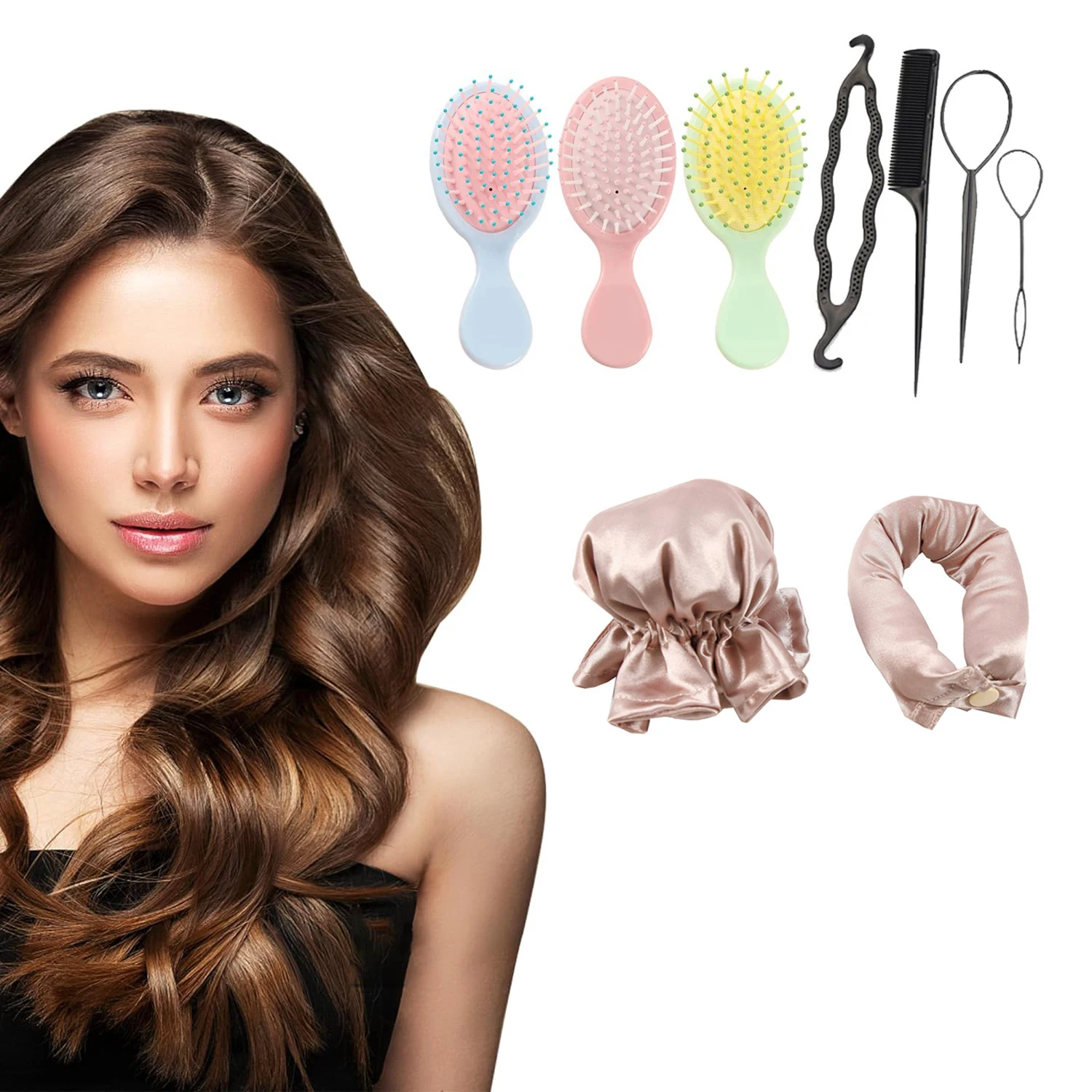 9Pcs Set Hair Styling Tools Hair Dryers Hair Curlers Combs Combination Outfit Heatless No Harm Hair For Women