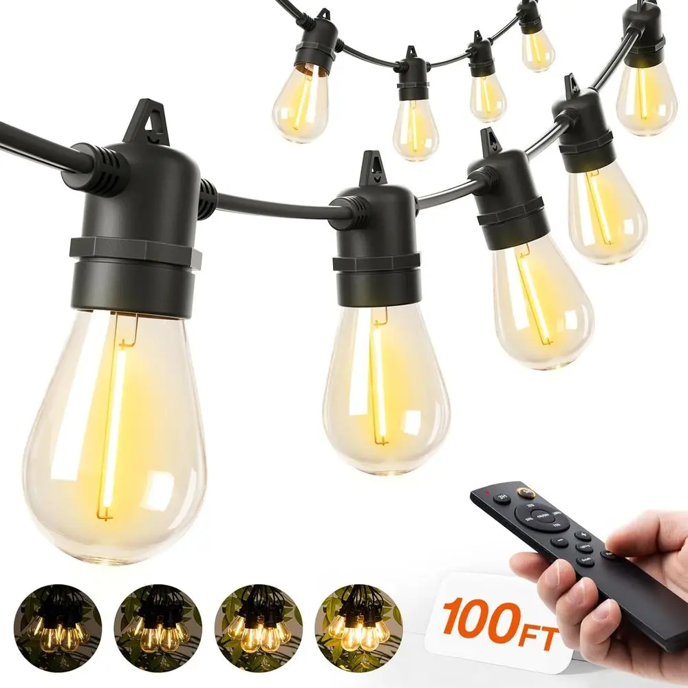 

100FT LED Outdoor String Lights, Remote Dimmable Patio Lights with Timer & 3 Lighting Modes, 32 Shatterproof Edison Bulbs, Water