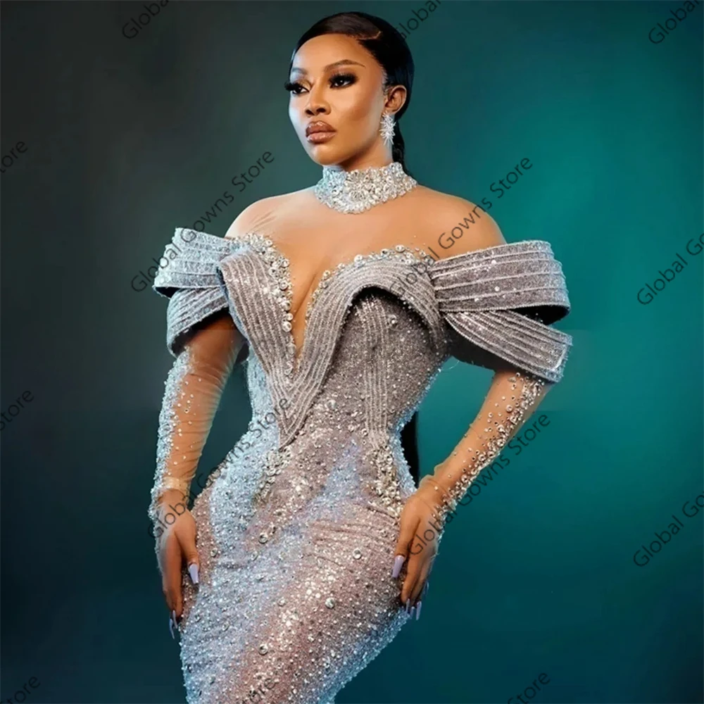 Aso Ebi Luxury Silver Lace Beaded Evening Dresses 2025 Lace up Back African Mermaid Prom Dress Customized Wedding Party Gown