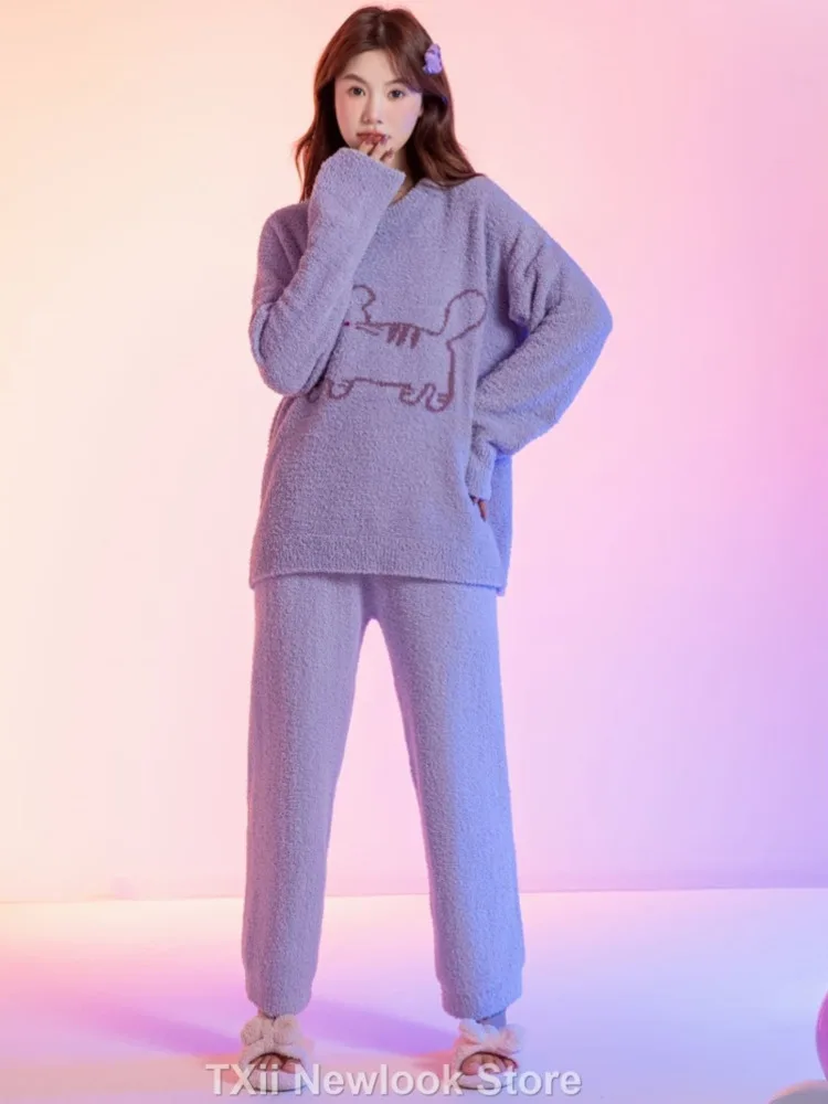 TXii Newlook Cat Coral Fleece Pajamas Women's Winter New Soft Half-side Fleece Crewneck Home Clothes Two-piece Set