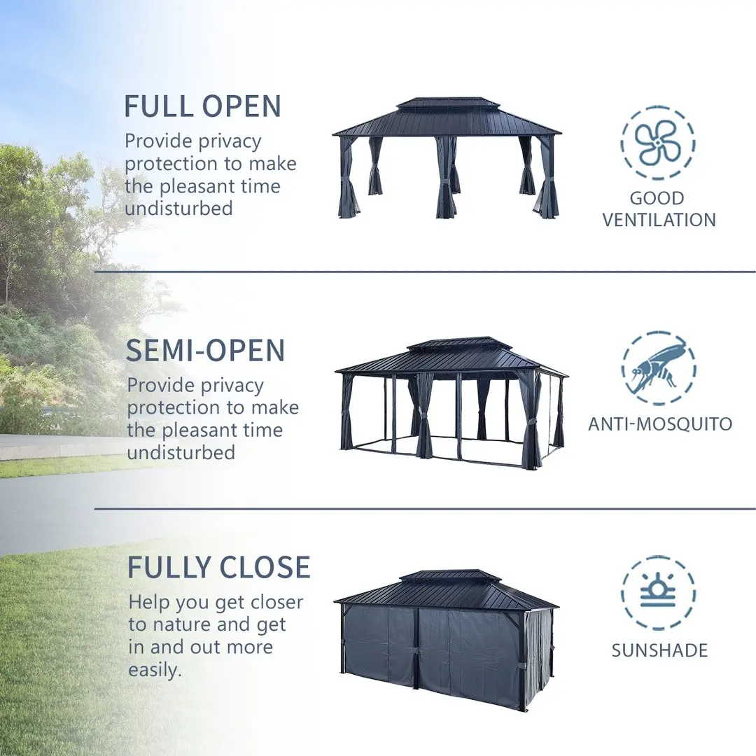 12' x 18 FT Hardtop Gazebo, Double‑Layer Roof Outdoor Patio Gazebo, Heavy‑Duty Aluminum Legs & Galvanized Steel Roof Canopy with Privacy Curtains & Netting for Backyard Lawn Garden Outdoor Events view 5
