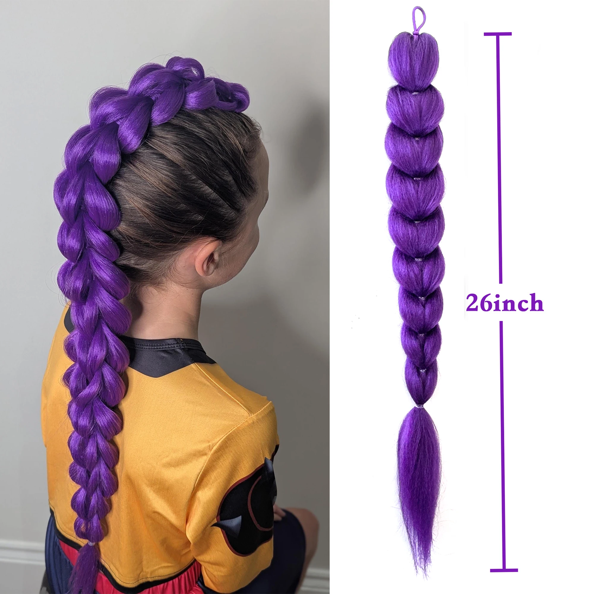 Synthetic Purple Braided Hair Ponytail Costume Hairstyle Long Ponytail with Rubber Band and Clips for Kids Girls Christmas