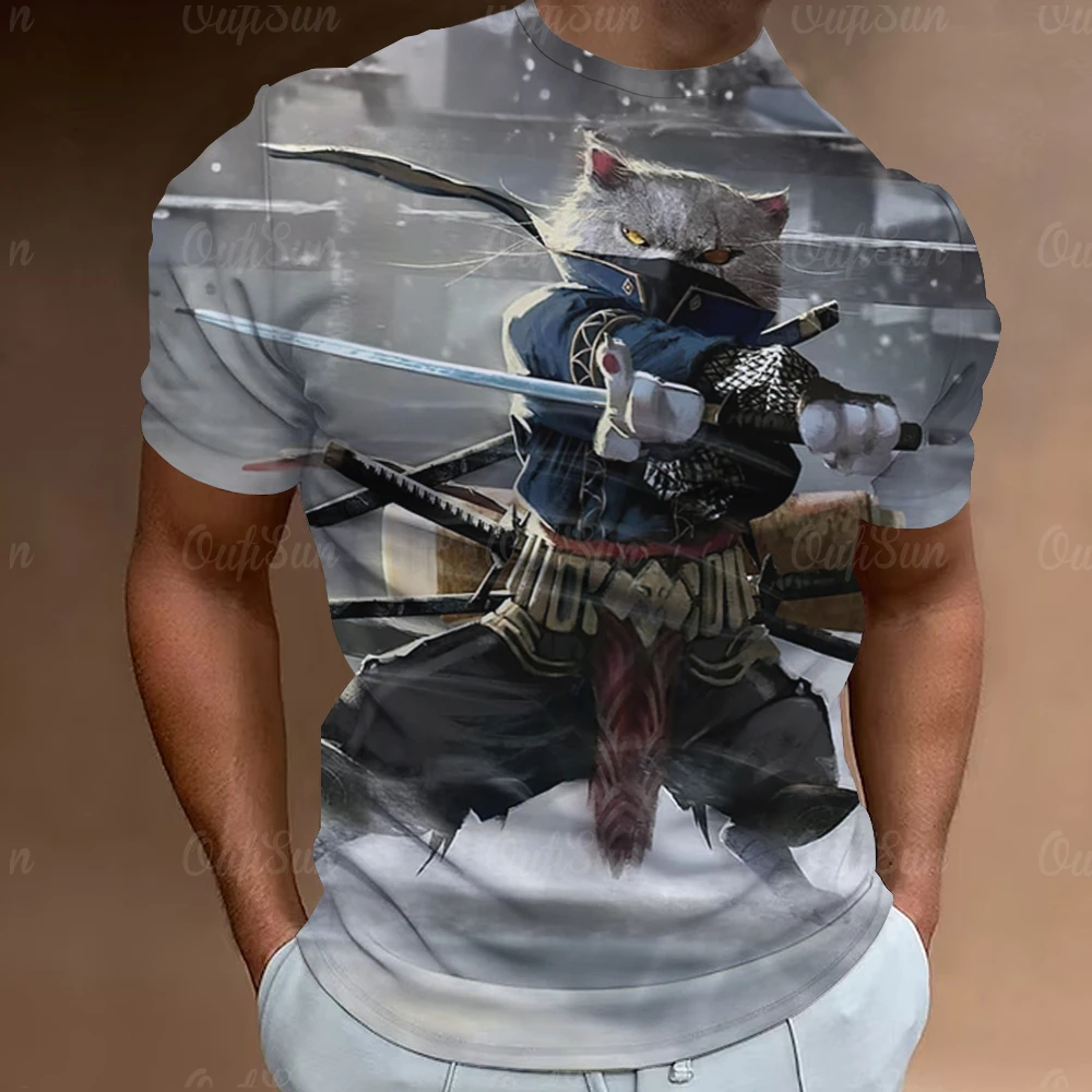 Samurai Cat T-Shirts For Men 3d Print Men'S Clothing Street Designer Short Sleeved Tops Tees Oversized T-Shirt Casual Sweatshirt