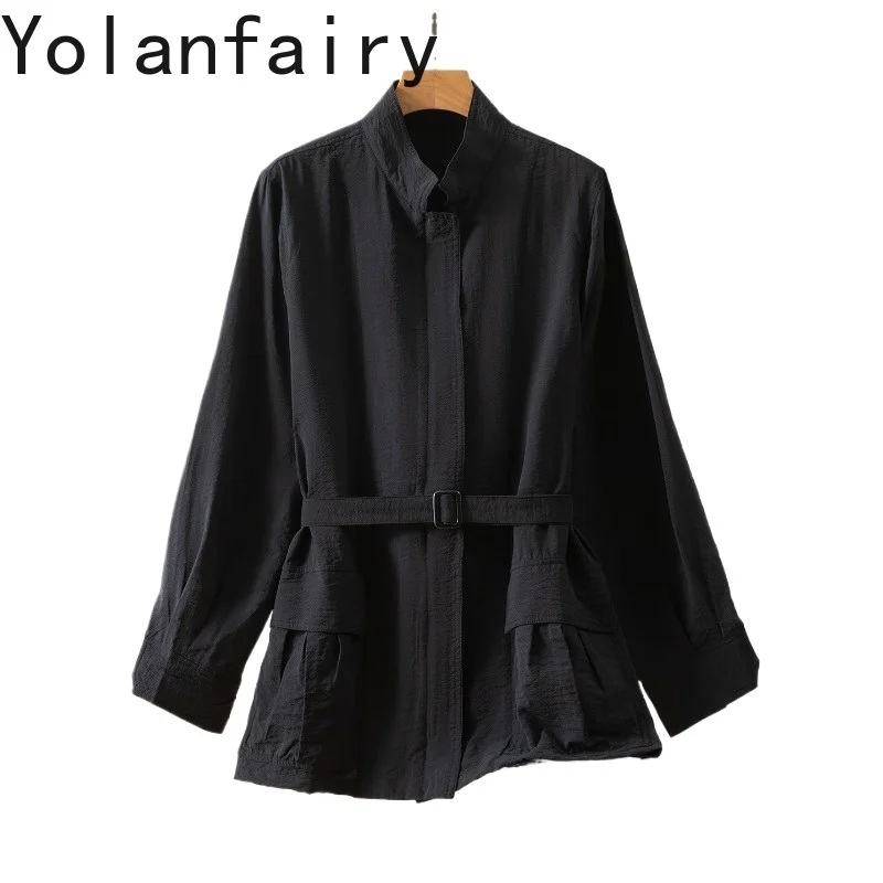 

YOLANFAIRY 76% Real Mulberry Silk Shirts for Women Elegant Loose Trench Coat Dry Silk Work Blouses Long Sleeve Shirt Zipper