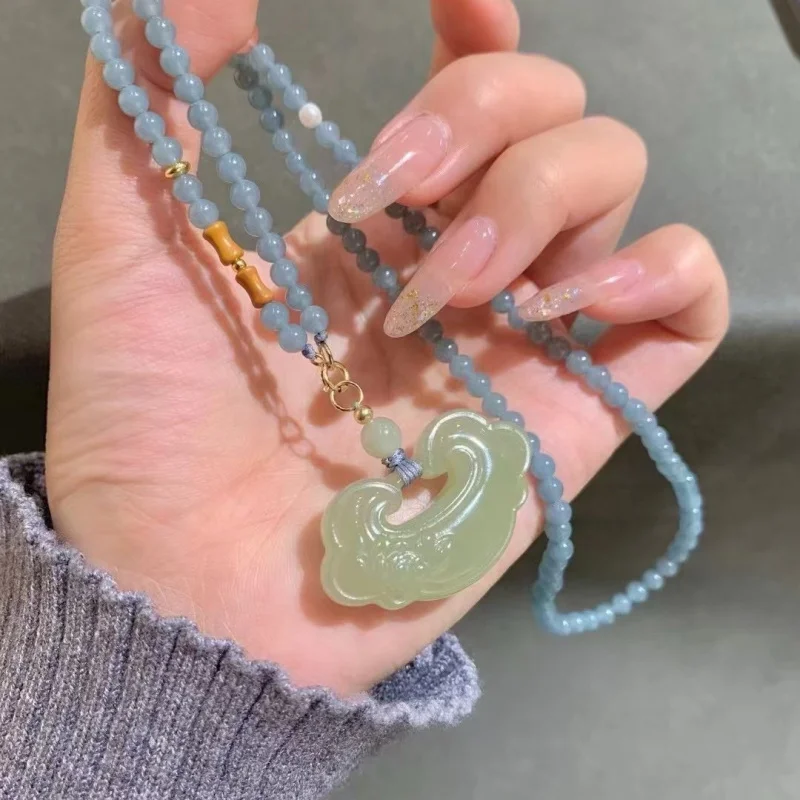 Natural Hetian Jade Ruyi Lock Necklace Jadeite Blue