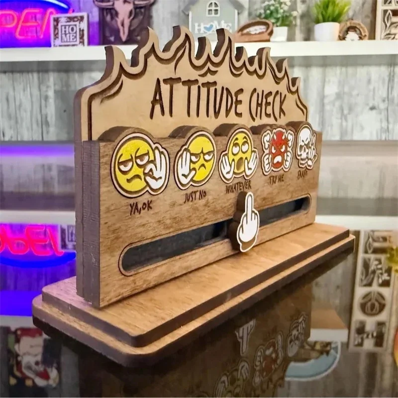 Funny Attitude Check Sliding Stand Interactive Mood Slider Wooden Desktop Ornament For Office Desk Home Decor Funny Friend Gift