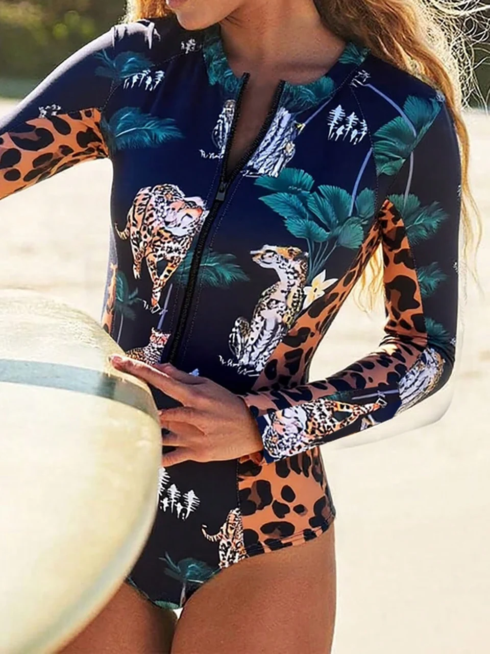 

2026 Long Sleeve Leopard One Piece Surfing Swimsuit Women Rush Guard Swimwear Female Diving Clothes Bathing Swim Suit Beachwear