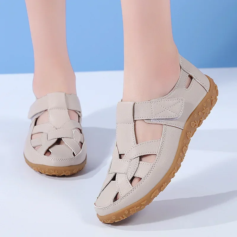 Women Casual Sandals Summer Genuine Leather Hollow Flat Sandals Comfortable Round Head Closed Toe Beach Shoes Sandalia Feminina