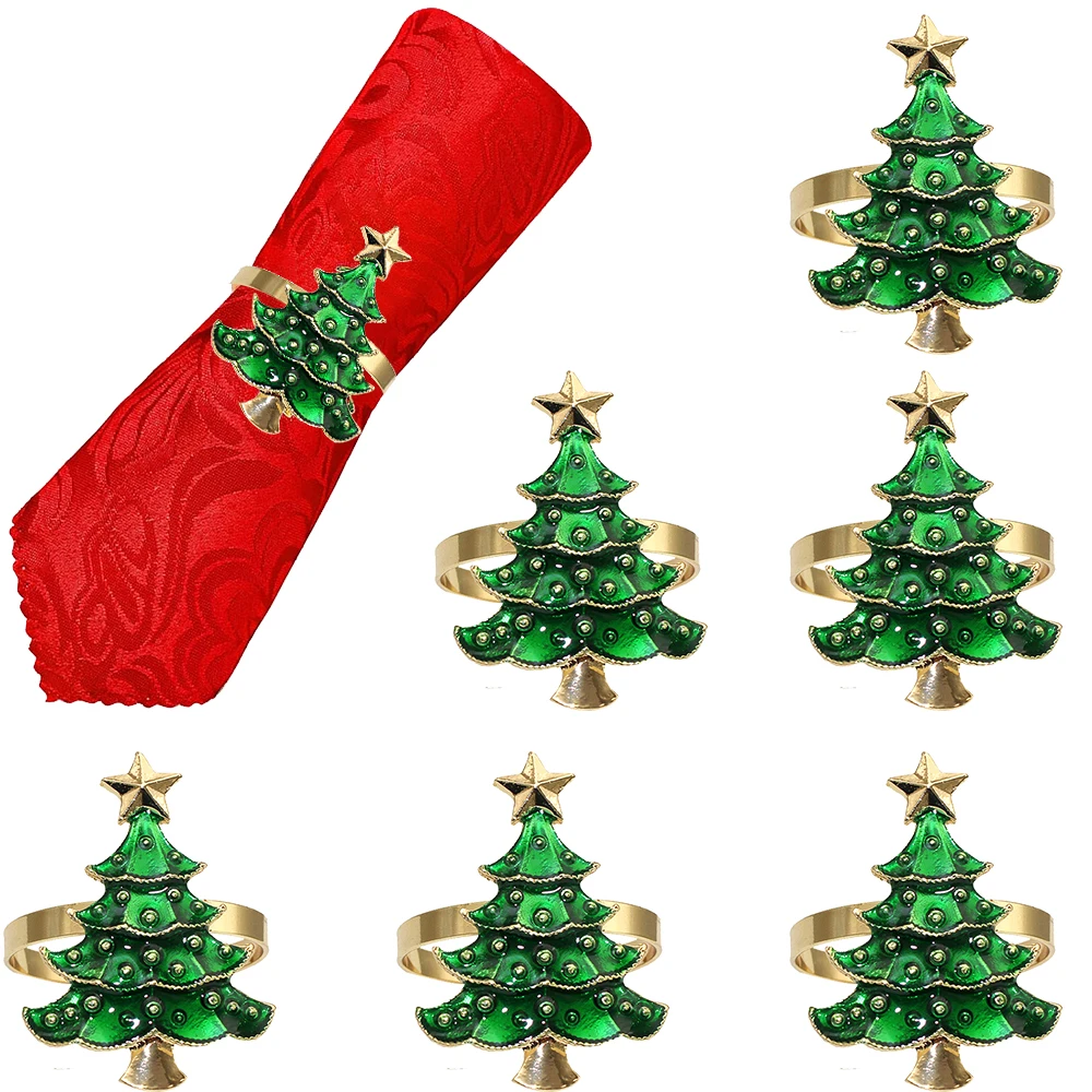 6Pcs Rústico Árvore De Natal Guardanapo Anéis Verde Xmas Tree Guardanapo Titular para o Natal Ação de Graças Casamento Dinning Table Setting