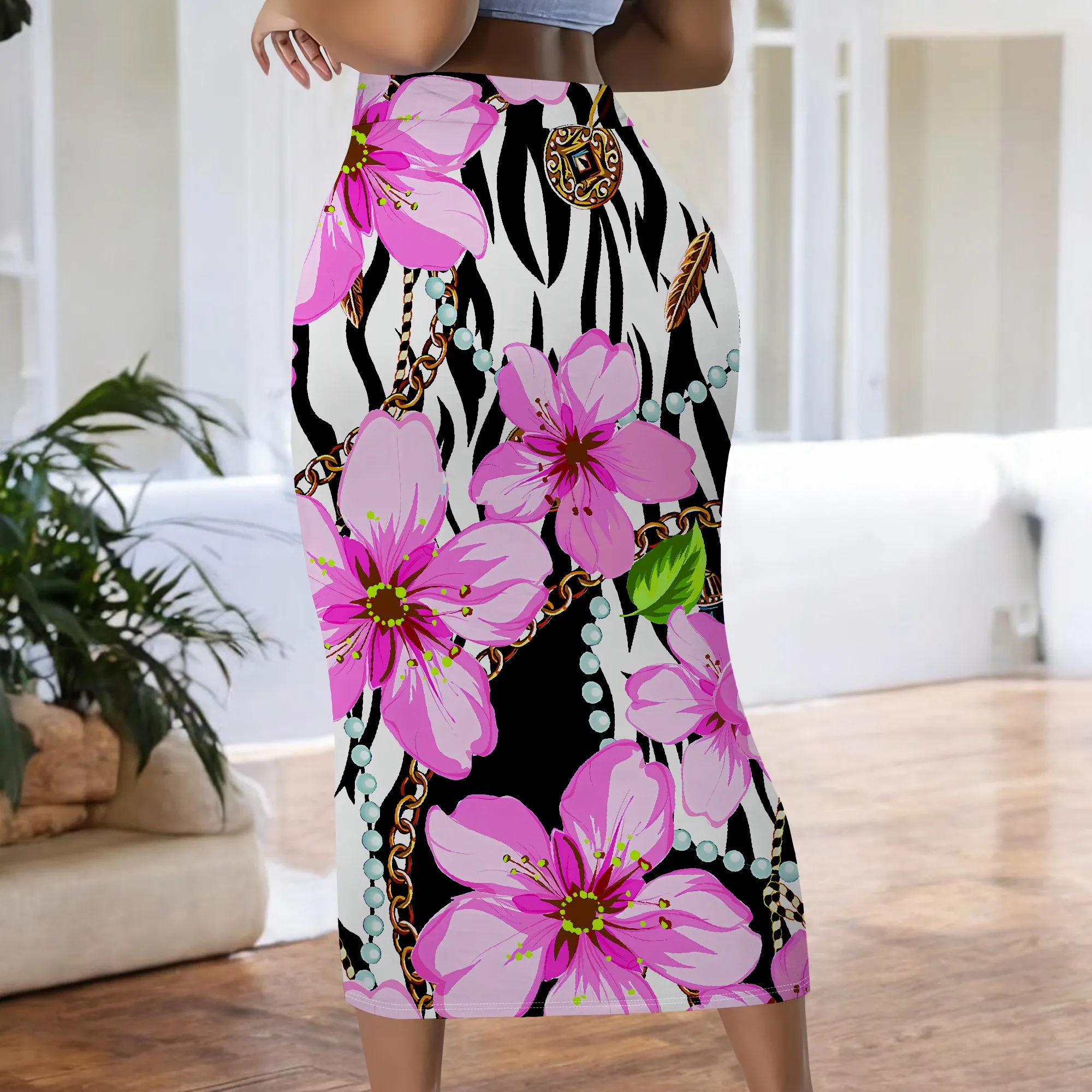 Rosa Rock mit Blumenmuster, Midirock mit Zebramuster, Bleistiftrock mit Kettendesign, Bürokleidung, Partykleid, S-2XL – Detail 6