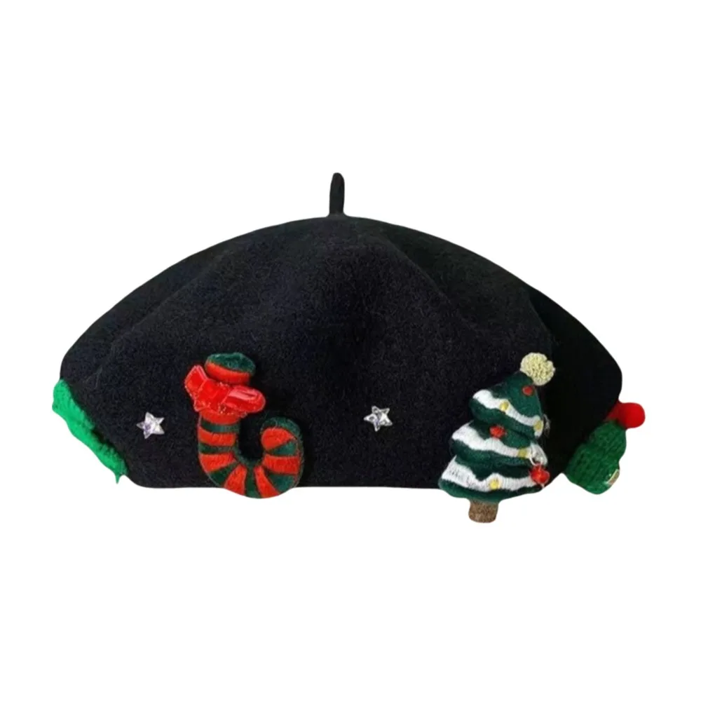 Red Green Color Christmas Beret Hat Soft Warm Fabric Bow Design Painter Beret Hat High Quality Wool Felt Material