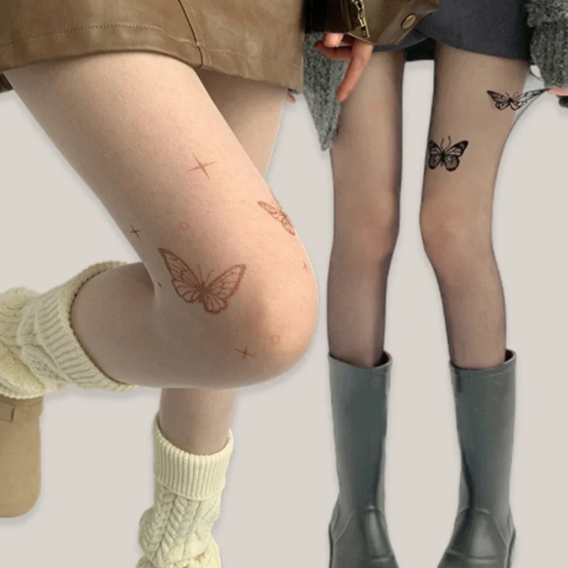 

Y2K Sexy Butterfly Tights Vintage Fake Tattoo Butterfly Black Transparent Silk Pantyhose Women Lolita Summer Ultra-thin Stocking