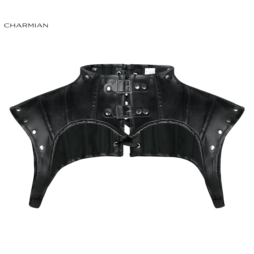 Charmian Steampunk Leather Shrug Women's Gothic High Neck Collared Rivet Shoulder Jacket Corset Shrug Armor Halloween Accessory