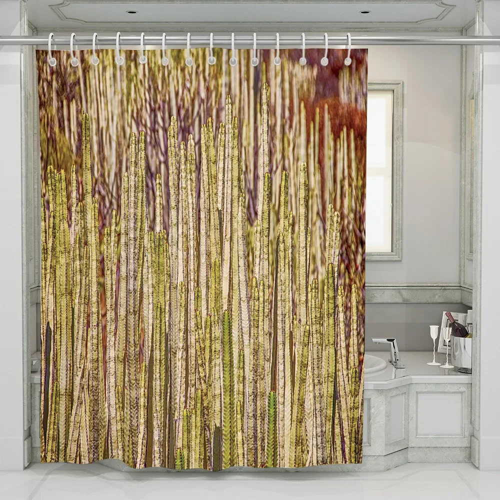 Yellow Green Bamboo Shower Curtain Bathroom Curtains Natural Scenery Waterproof Fabric Background Wall Decor Screen With Hooks