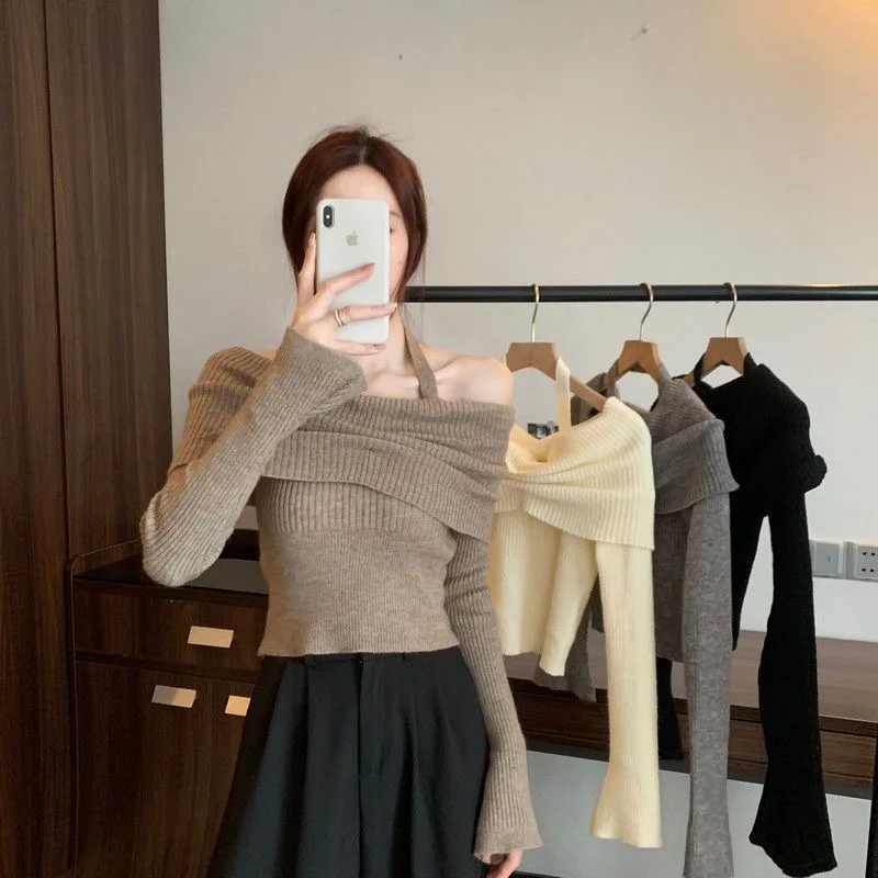 

Spring New Design One oulder Knitted Sweater Women's Versatile Ne Hanging Slimming Soft Cozy Women's Sweater Knitwear