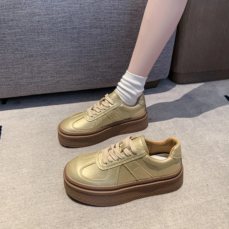 Gold Silver Fashion Women Sneakers High Platforms Comfort Casual Ladies Shoes Round Toe Cross-tied Genuine Leather Shoes Woman