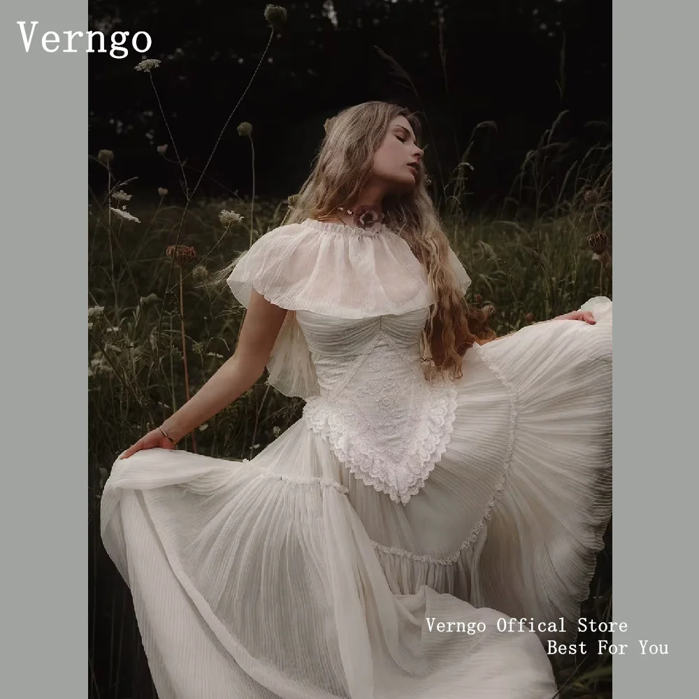 Verngo Luxurious Lace O Neck Bridal Gown Ruched Bodice Long Train Wedding Reception Photoshoot Bride Dress Customized