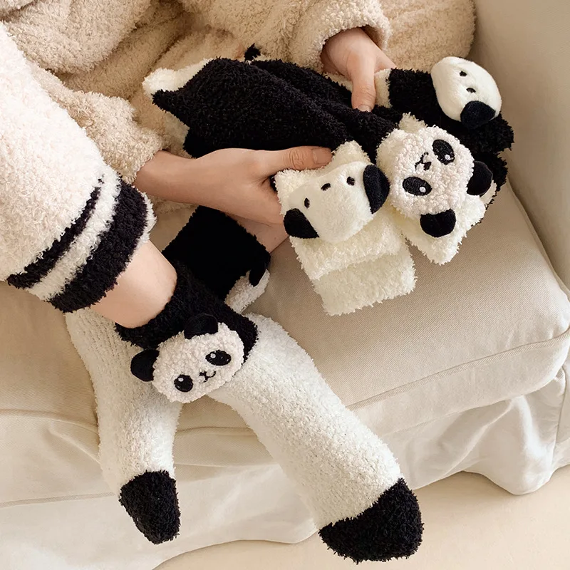 Autumn and Winter Black and White Three-dimensional Puppet Mid-tube Warm Coral Velvet Women's Socks Home Sleeping Stockings