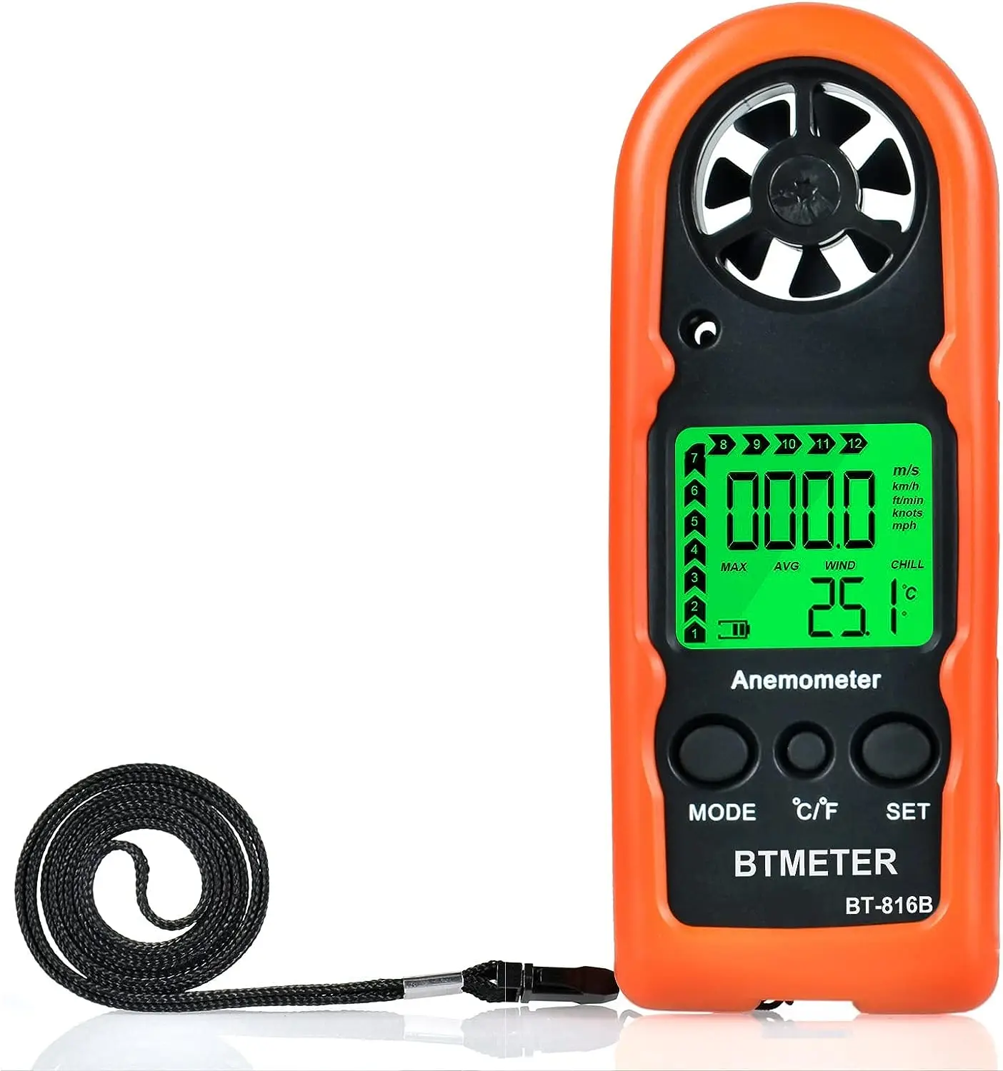 

BT-816B Handheld Anemometer,Compact Digital Wind Speed Meter, Gauge for Air Velocity,Wind Temperature Test with LCD Backlight