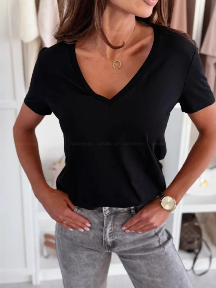 

Summer Solid Color Short-sleeved Slimming Pullover V-neck T-shirt Elegant Women's Temperament Simple Commuting Versatile T-shirt
