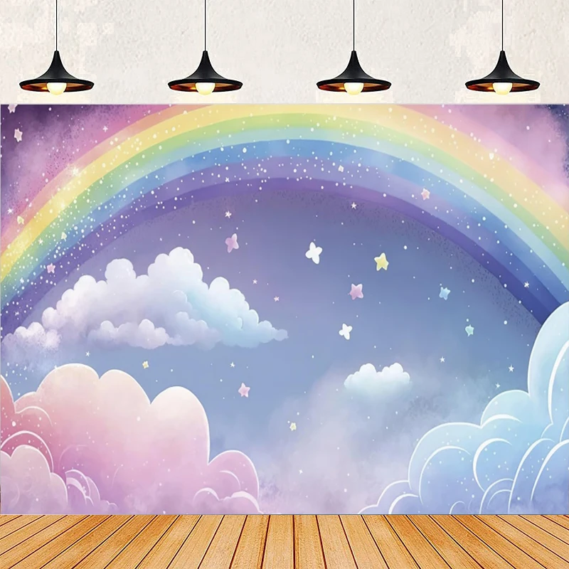 

Радужный фон для фотосъемки с небом и облаком, блестящие звезды, золотые точки, фон для дня рождения для девочек, домашний фон для вечеринки, настенный баннер, постер