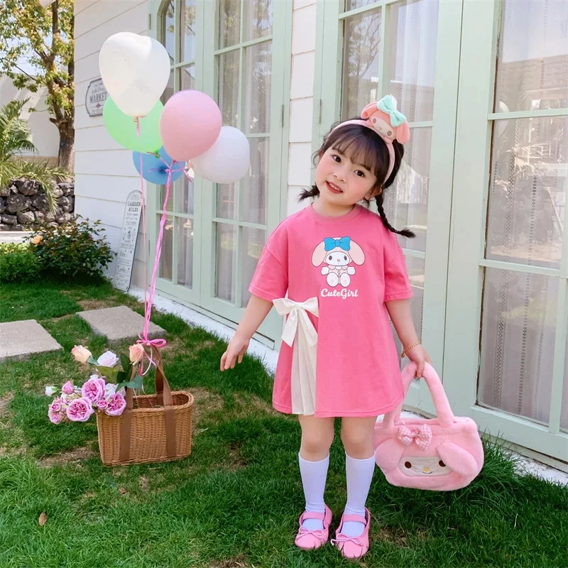 Anime Sanrioed Hello Kittile My Melody Robe d'été pour filles, Robe Kuromi Cinnamoroll, T-Shirt plissé à nœud papillon, Jupe, Vêtements pour filles, Éducatif