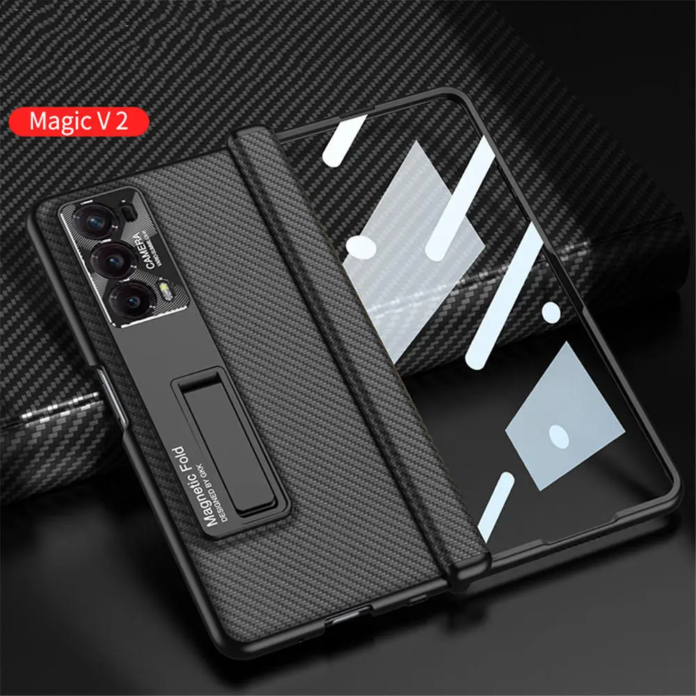Slim PU Leather Case For Honor Magic V2 Magnetic Folding Bracket Hinge Glass Film Cover
