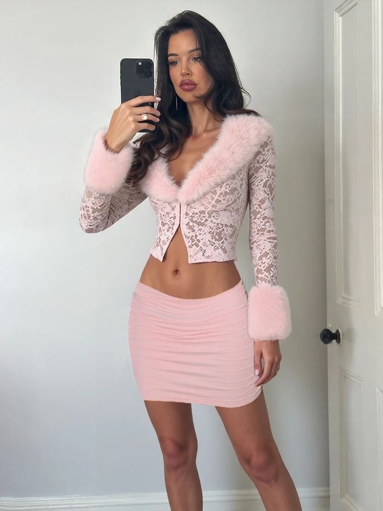 Nibber Dolce Set da 2 pezzi Donna Patchwork Jacquard Soffice monopetto Crop Top + Pieghe Gonne Moda abbinata Abiti autunnali