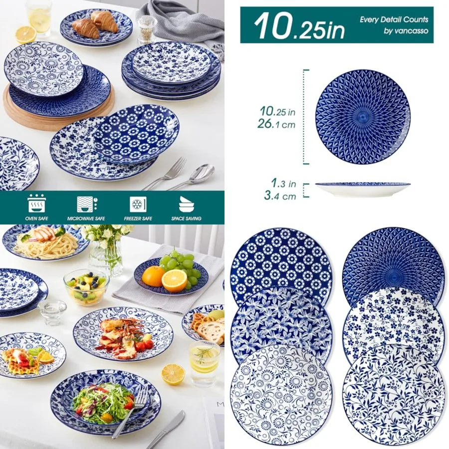 Juego de 6 Platos de Cerámica para Cena, Juego de 6 Platos Grandes Vintage para Cocina, Platos de Porcelana Blancos para Cocina, Aptos para Microondas