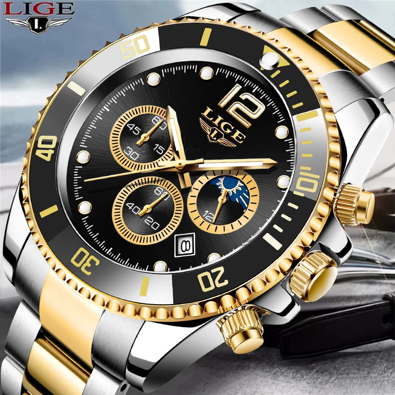 LIGE Wristwatch Men Watch Chronograph 24Hour Moon Phase Waterproof Sport Watches Male Fashion Quartz Watch Stainless Steel Clock