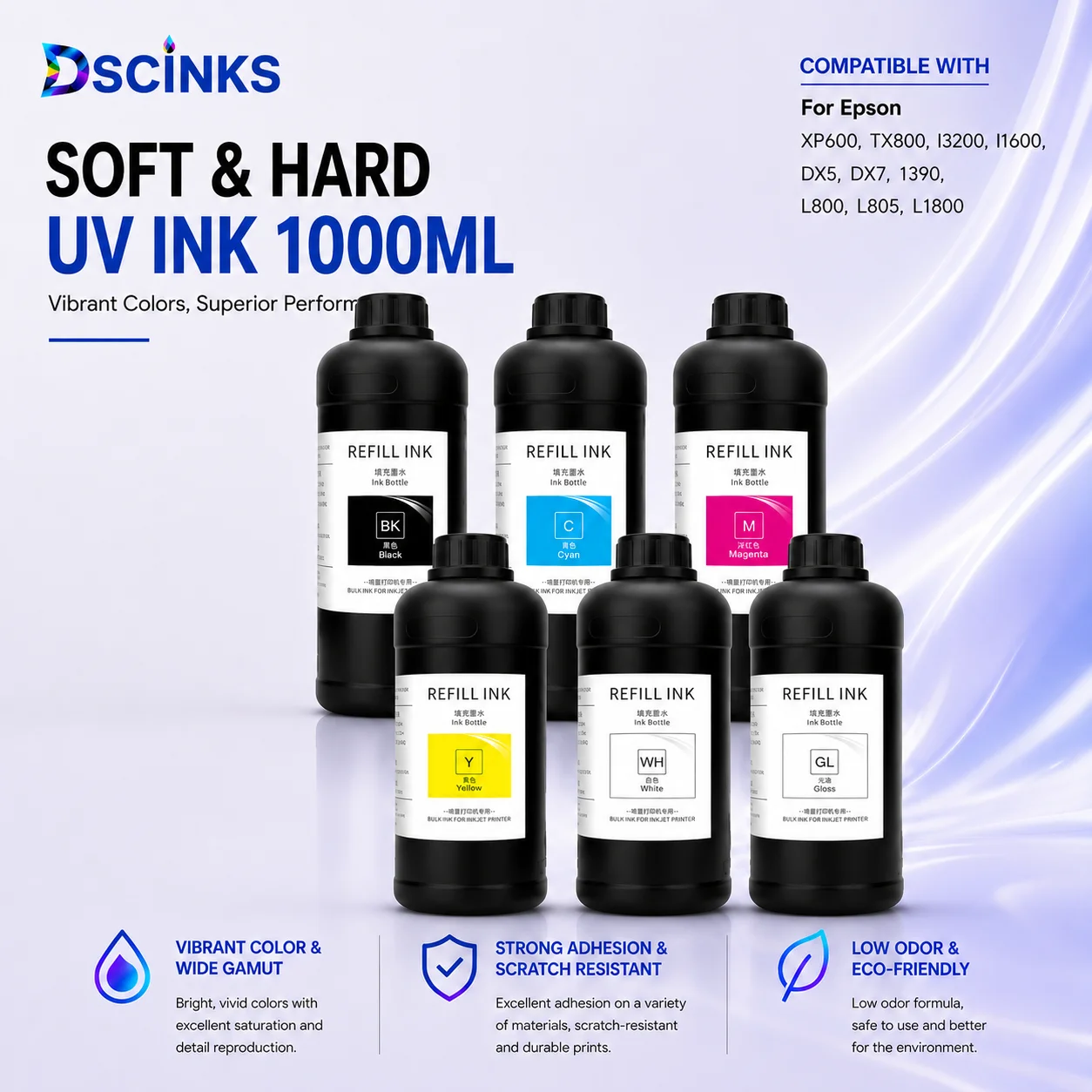 1000ML UV Ink Soft/Hard UV Curable Ink For EpsonDX5、DX7、XP600、TX800、 Printhead UV Flatbed Printer Printing Ink For All Modified