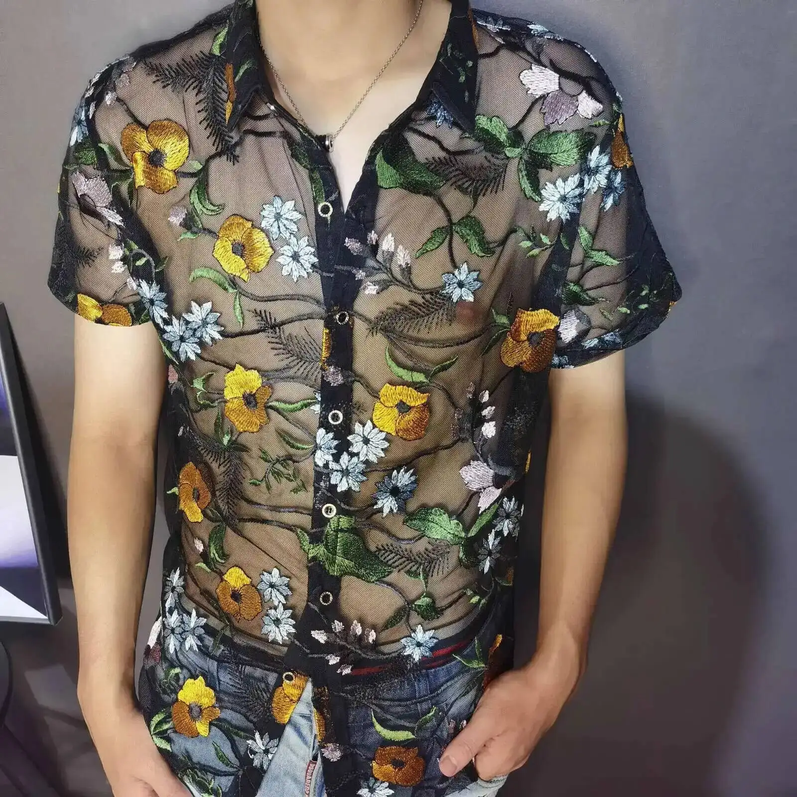 Luxe Mesh Transparent Shirt Summer Short Sleeve Shirt Flower Lace Shirt Embroidery See Through Sexy Shirt Men Chemise Homme