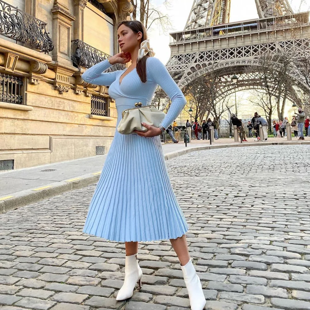 2025 outono inverno europeu americano elegante feminino vestido de malha manga longa com decote em v envoltório busto comprimento médio plissado camadas estilo