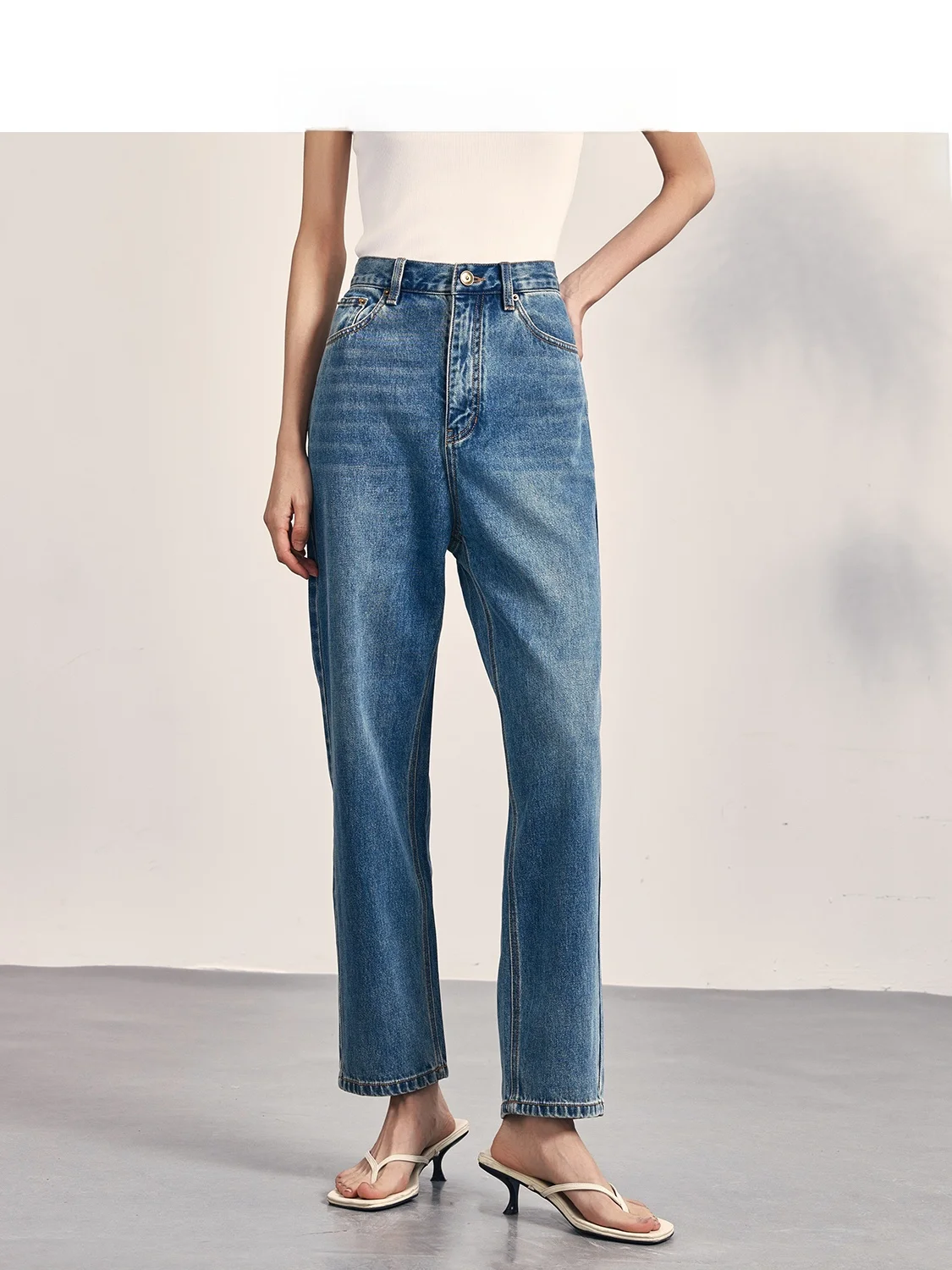 

Annibycn High Waist Distressed Blue Jeans Women's Casual Straight Leg Ankle-Length Spring Summer Versatile Slimming Pants