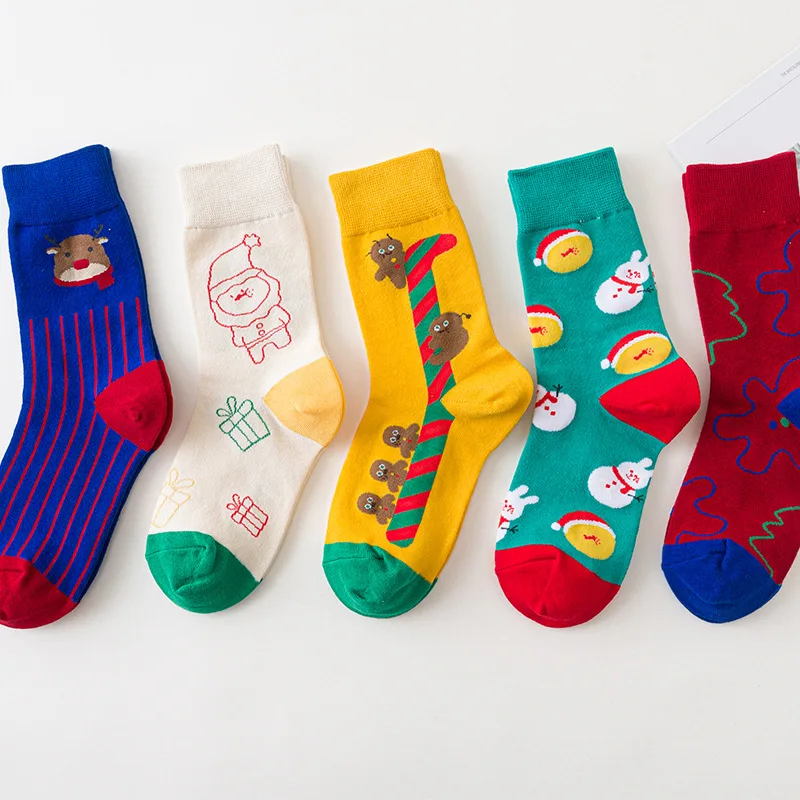 5 Pairs Cotton Jacquard Medium Socks Cartoon Santa Claus Elk Gingerbread Women Socks Stockings Christmas Fashion Accessories